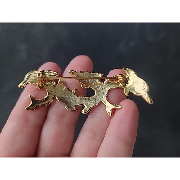 Gold Tone Metal Green Enamel Eyed Dolphins Jumping Shaped Brooch - Picture 7 of 10